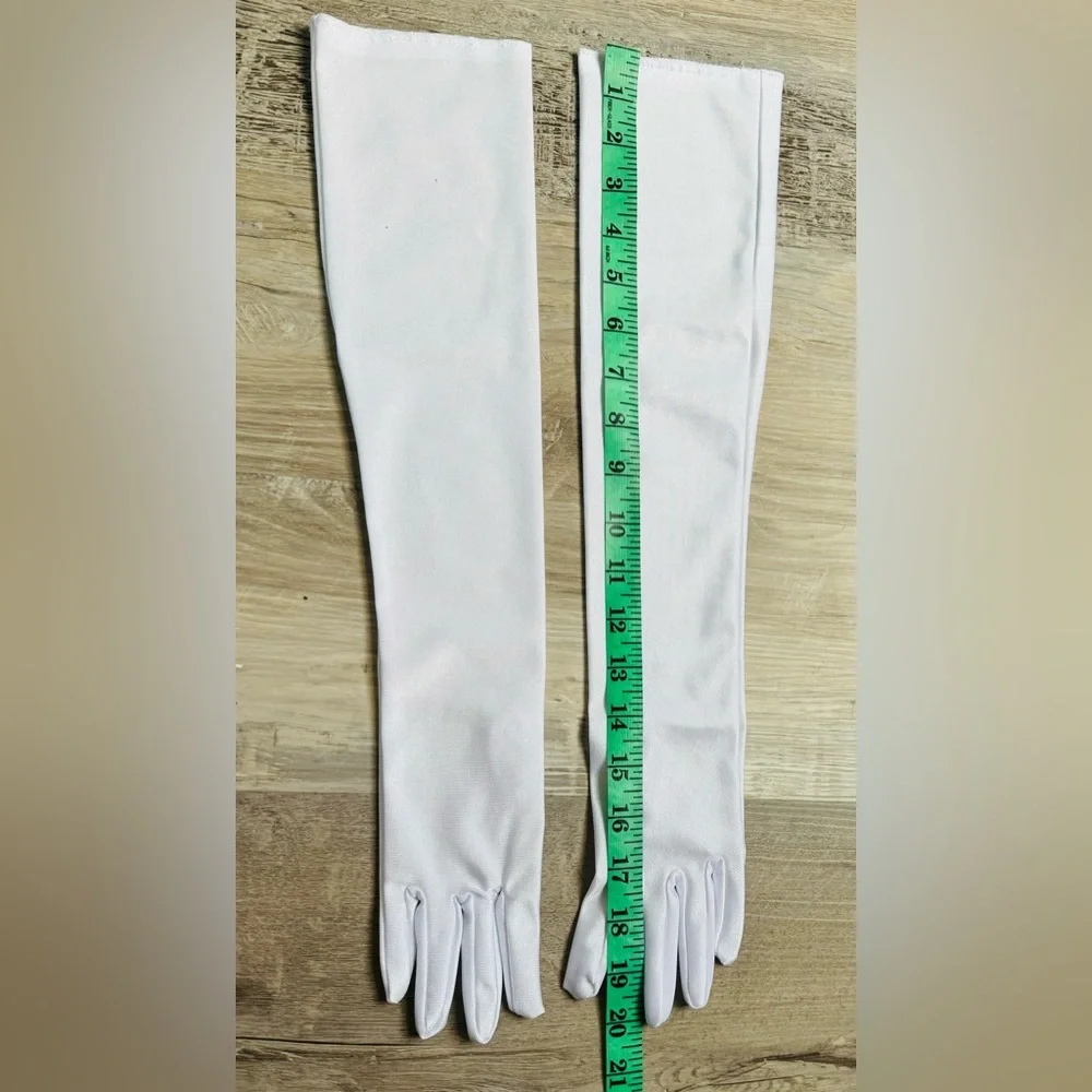 These long women's gloves, 20 inches in length, are made of stretchy satin